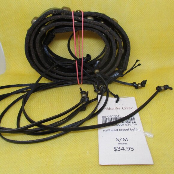 Coldwater Creek W. Original Brass Tone Studded Tassel Narrow Black Real Leather - Picture 6 of 8